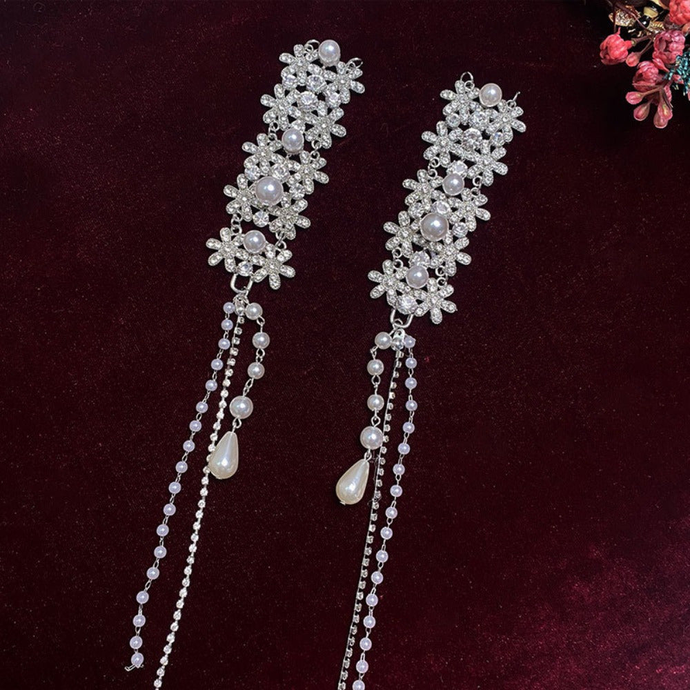 [Glamorous Hairpiece] Elegant Bridal Hair Accessory with Sparkling Rhinestones & Imitation Pearls - Ethnic Style Tassel Clip, Light Luxury Metal Headwear for Weddings, Wedding Accessories