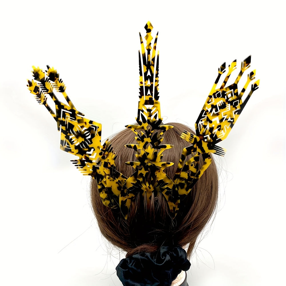 1pc Vintage Tribal Chief Tall High Combs Hair Clip - Acetic Acid Material, Lightweight, Elegant Leopard Print with Star Accents, Perfect for Women'S Day, Weddings, Birthdays, and Parties, Wedding Hair Accessory | Vintage Hairpin | Acetic Acid Material