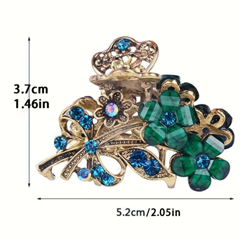 [Retro Hair Claw Clips] 4pcs Retro Flower Medium Hair Claw Clips with Rhinestone | Women's Fashion Metal Alloy Hairpins for Mid-Length Hair - Perfect for Daily Use, Parties, and Gifts